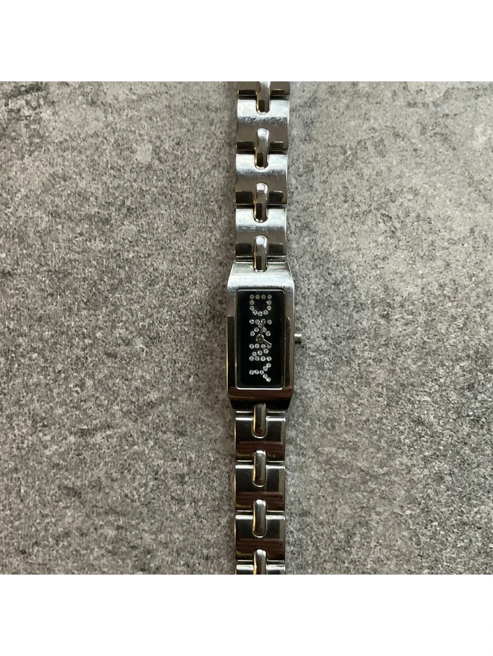 DKNY Womens Tank Style Watch 16mm Silver Tone Case & Band Black Dial B-I